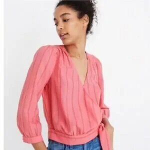 Madewell NWOT Pink Striped Cotton Wrap Side Tie V-Neck Puffed 3/4 Sleeve Small